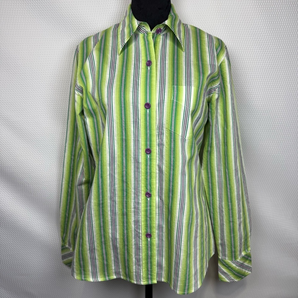 TALBOTS Green & Purple Vertical Striped Shirt Blouse Small Long Sleeve Vibrant!